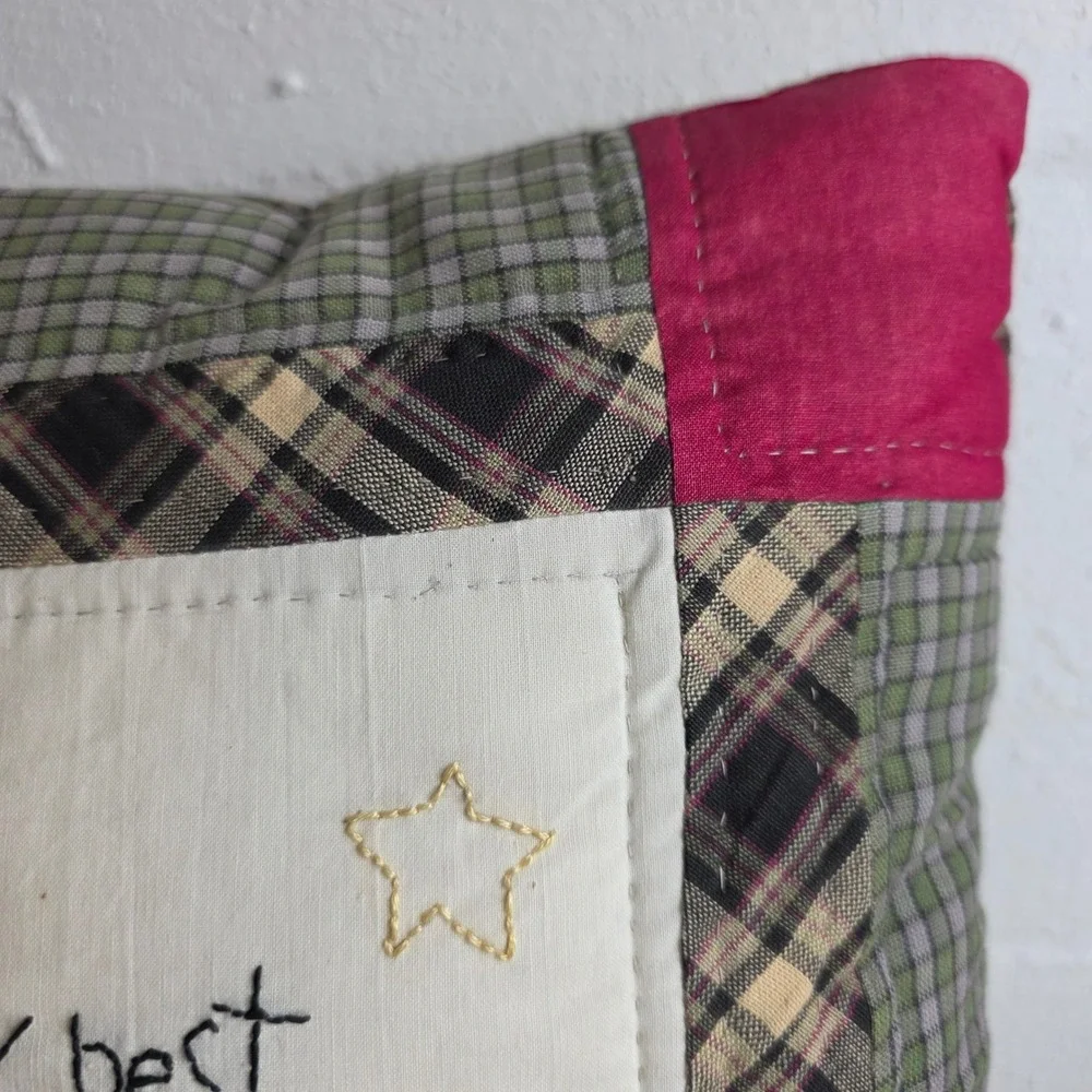 Hand Embroidered Patchwork Plaid Decorative Pillow Rustic Cabin at the Lake